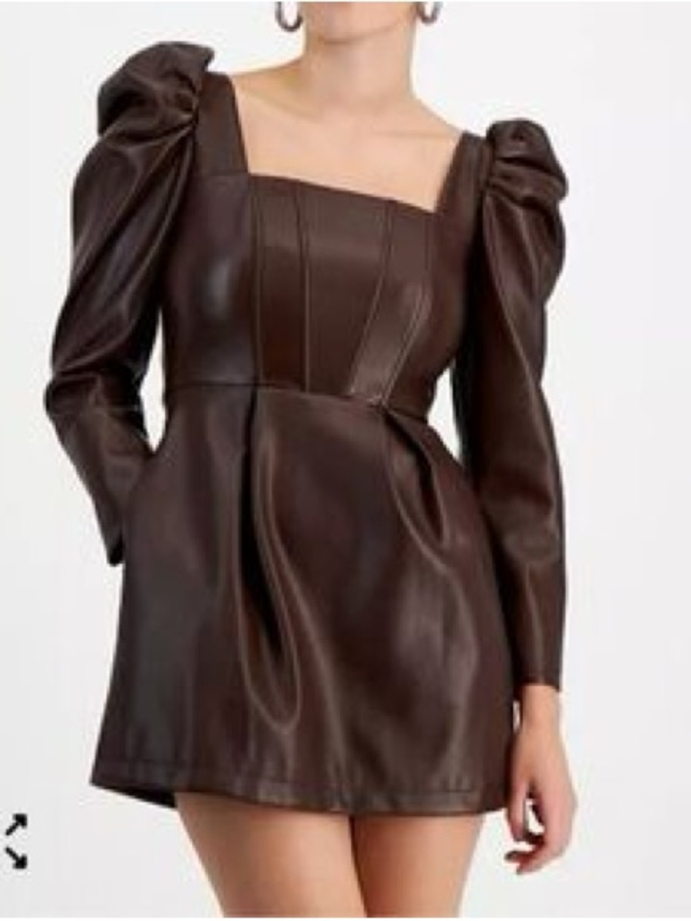 Avec Les Villes Brown Faux Leather Puff-Sleeve Mini Corset Dress